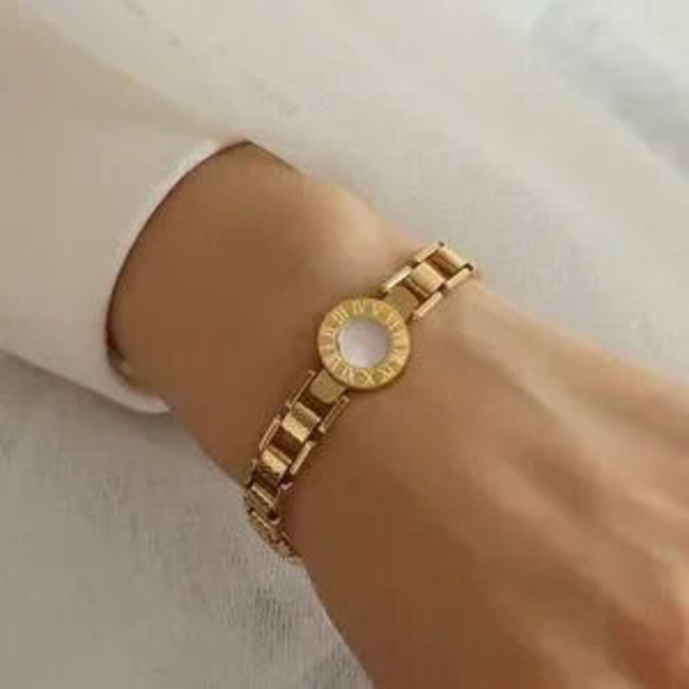 Gold Stainless Steel Roman Numeral Bracelet Minimalist Link Bangle Dainty